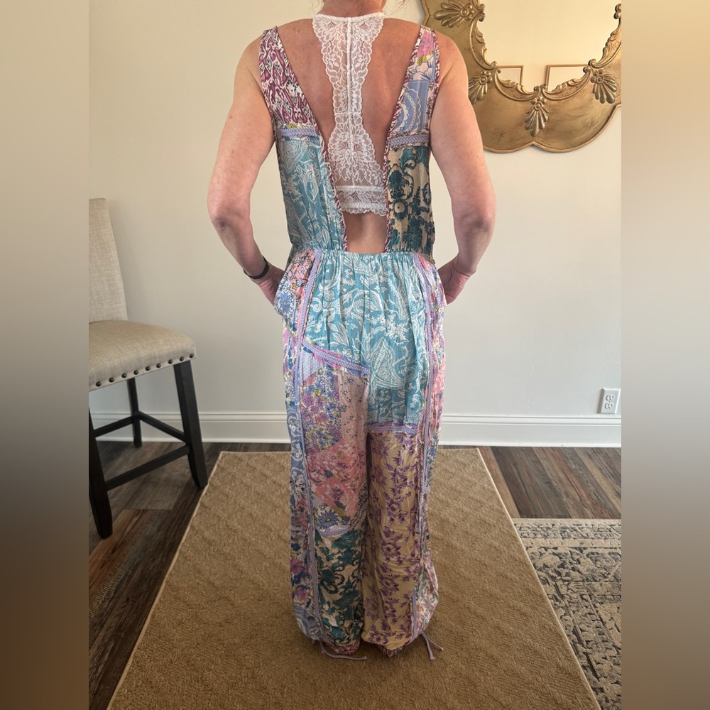 Blue Velvet Patchwork Boho Jumpsuit NWT Size Medium Wide Leg Floral